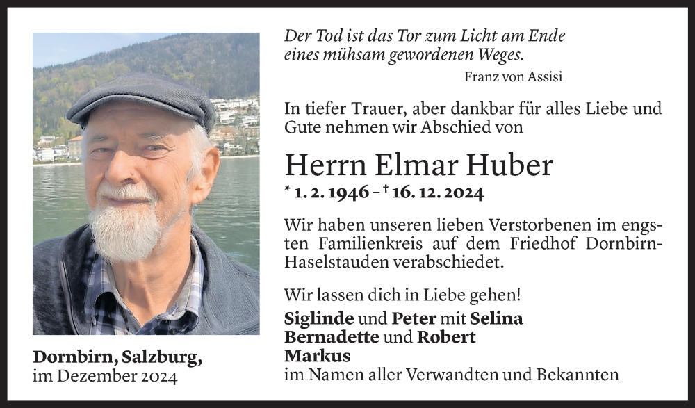  Todesanzeige für Elmar Huber vom 28.12.2024 aus Vorarlberger nachrichten