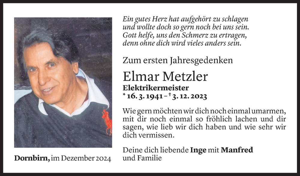  Todesanzeige für Elmar Metzler vom 06.12.2024 aus Vorarlberger Nachrichten