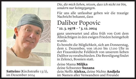 Todesanzeige von Dalibor Popovic von Vorarlberger Nachrichten