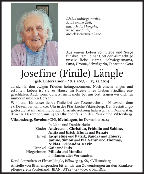 Todesanzeige von Josefine Längle von Vorarlberger Nachrichten