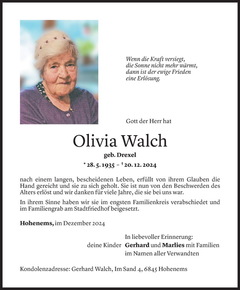  Todesanzeige für Olivia Walch vom 28.12.2024 aus Vorarlberger Nachrichten