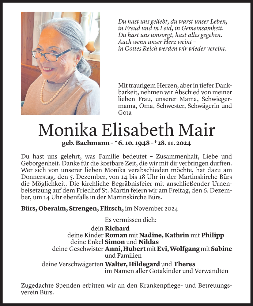  Todesanzeige für Monika Mair vom 02.12.2024 aus Vorarlberger Nachrichten