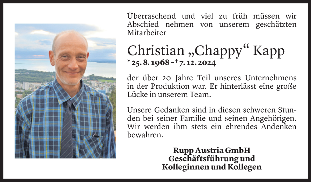  Todesanzeige für Christian Kapp vom 17.12.2024 aus Vorarlberger Nachrichten