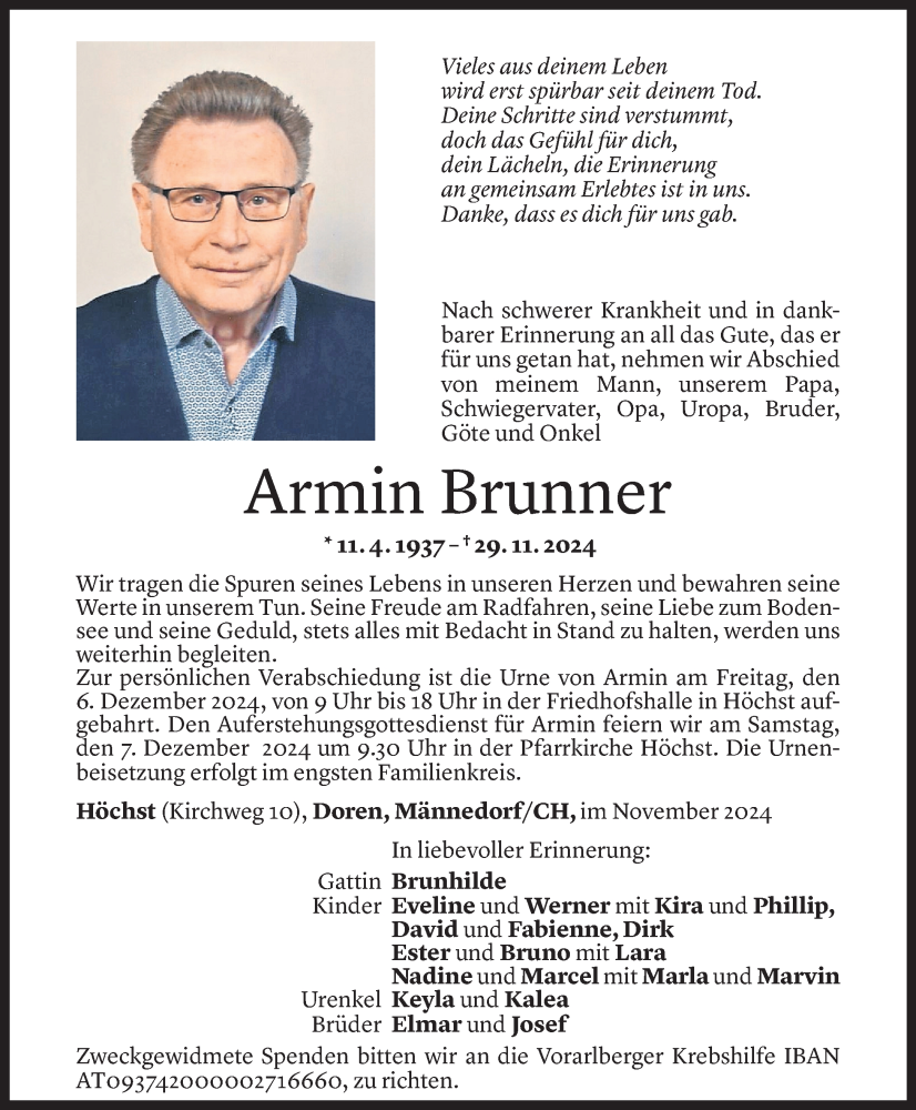  Todesanzeige für Armin Brunner vom 02.12.2024 aus Vorarlberger Nachrichten