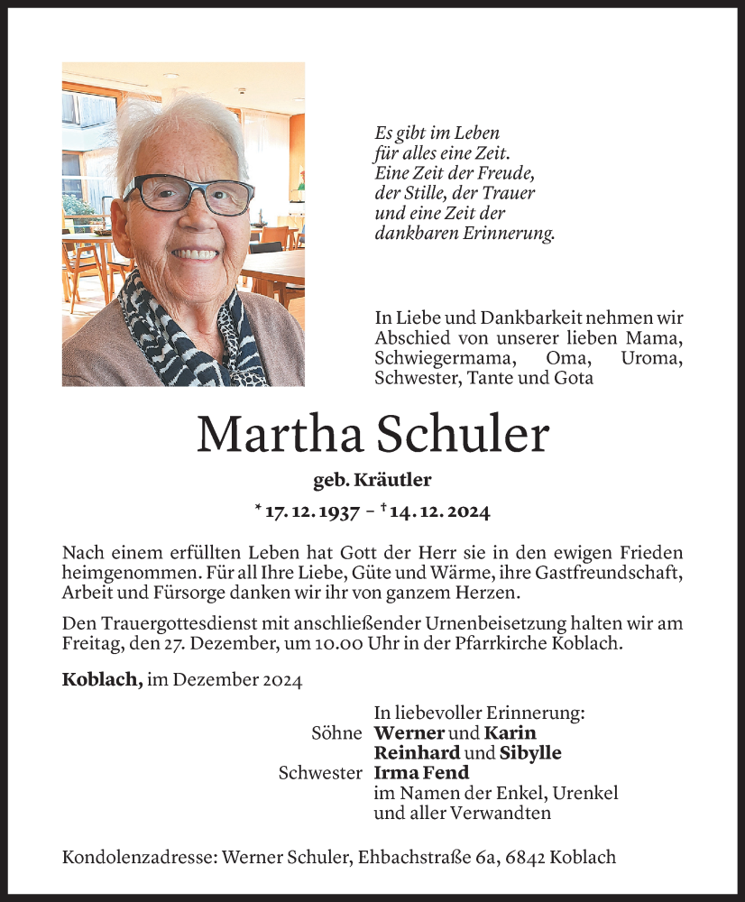  Todesanzeige für Martha Schuler vom 18.12.2024 aus Vorarlberger Nachrichten