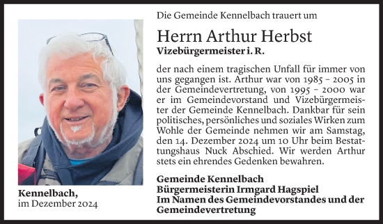 Todesanzeige von Arthur Herbst von Vorarlberger Nachrichten