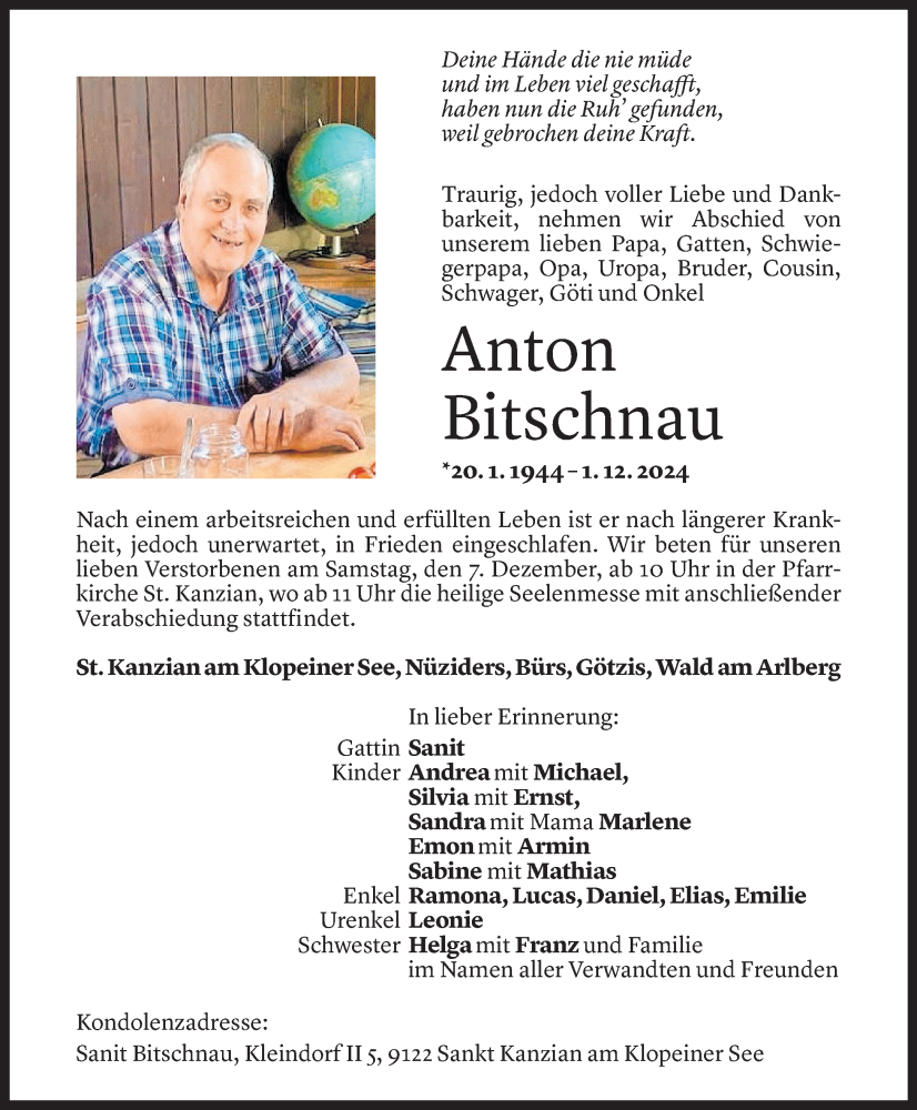  Todesanzeige für Anton Bitschnau vom 05.12.2024 aus Vorarlberger Nachrichten