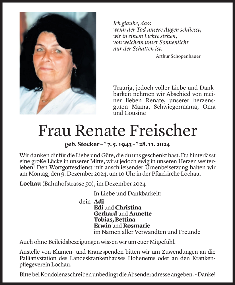  Todesanzeige für Renate Freischer vom 04.12.2024 aus Vorarlberger Nachrichten