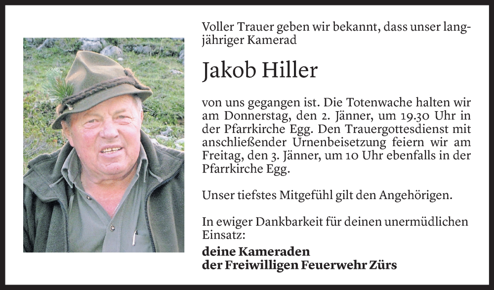  Todesanzeige für Jakob Hiller vom 30.12.2024 aus Vorarlberger Nachrichten