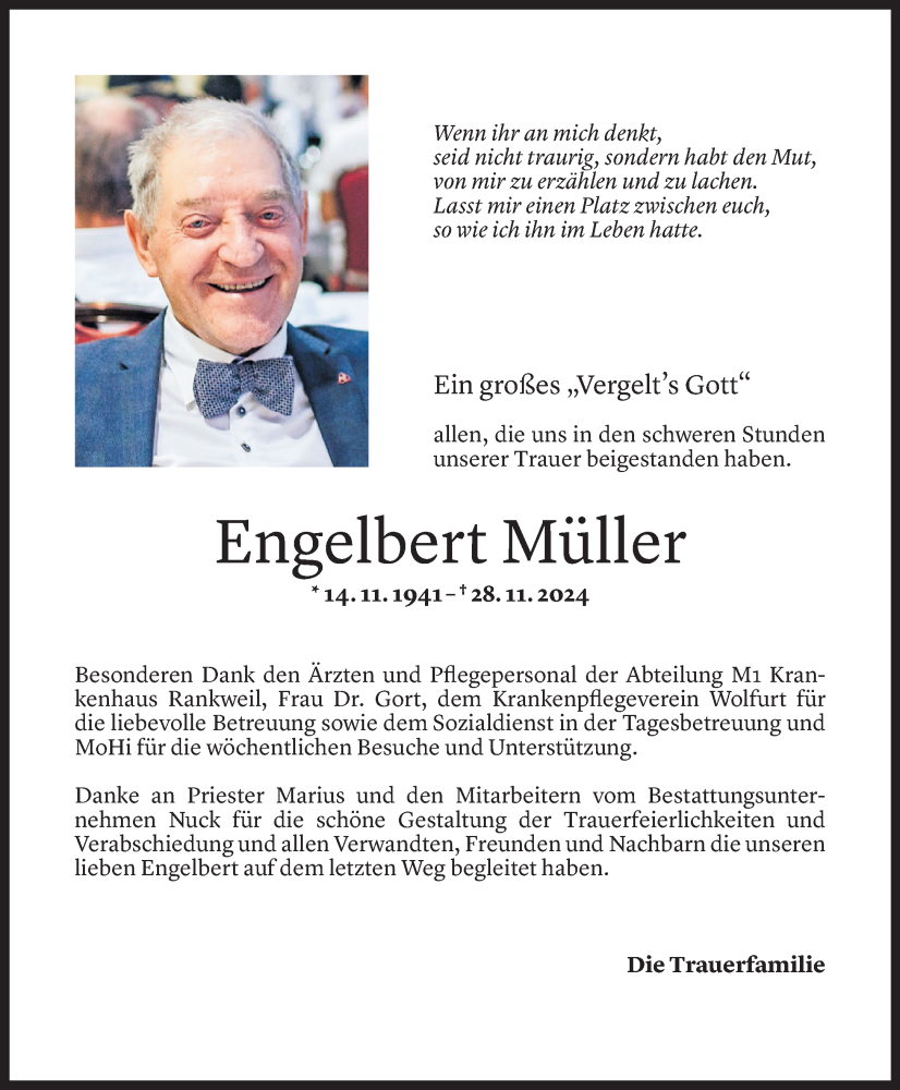  Todesanzeige für Engelbert Müller vom 17.12.2024 aus Vorarlberger Nachrichten