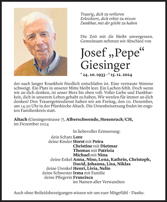 Todesanzeige von Josef Giesinger von Vorarlberger Nachrichten