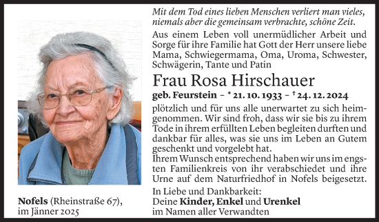 Todesanzeige von Rosa Hirschauer von Vorarlberger Nachrichten