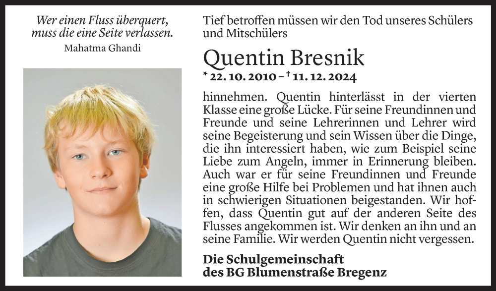  Todesanzeige für Quentin Bresnik vom 18.12.2024 aus Vorarlberger Nachrichten