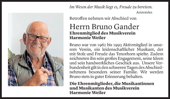 Todesanzeige von Bruno Gander von Vorarlberger Nachrichten