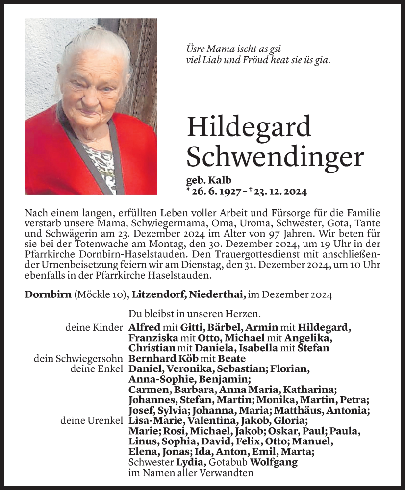  Todesanzeige für Hildegard Schwendinger vom 27.12.2024 aus Vorarlberger Nachrichten