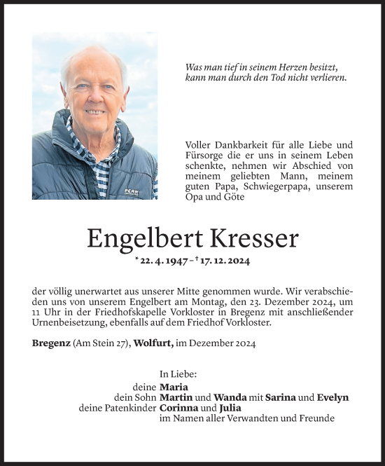 Todesanzeige von Engelbert Kresser von Vorarlberger Nachrichten