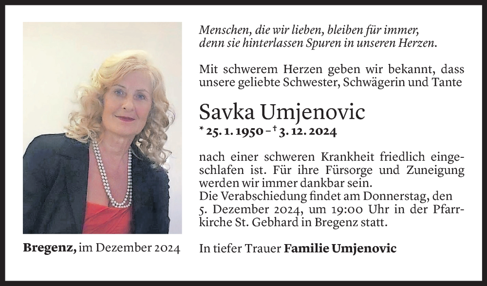  Todesanzeige für Savka Umjenovic vom 04.12.2024 aus Vorarlberger Nachrichten