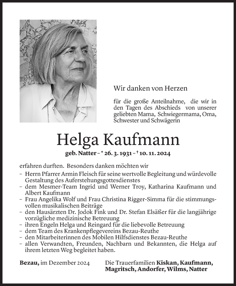  Todesanzeige für Helga Kaufmann vom 02.12.2024 aus Vorarlberger Nachrichten