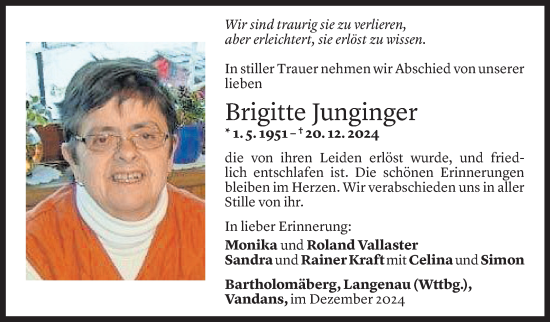 Todesanzeige von Brigitte Junginger von Vorarlberger Nachrichten