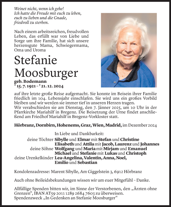 Todesanzeige von Stefanie Moosburger von Vorarlberger Nachrichten