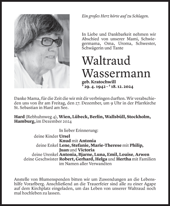 Todesanzeige von Waltraud Wassermann von Vorarlberger Nachrichten