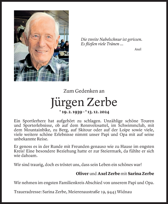 Todesanzeige von Jürgen Zerbe von Vorarlberger Nachrichten