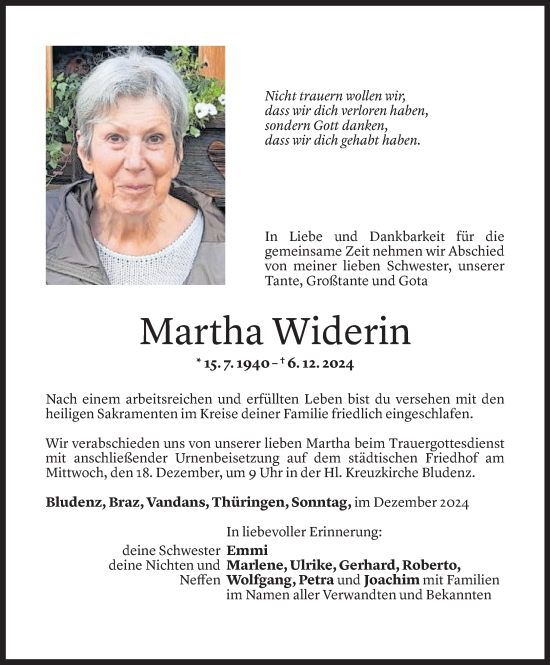 Todesanzeige von Martha Widerin von Vorarlberger Nachrichten