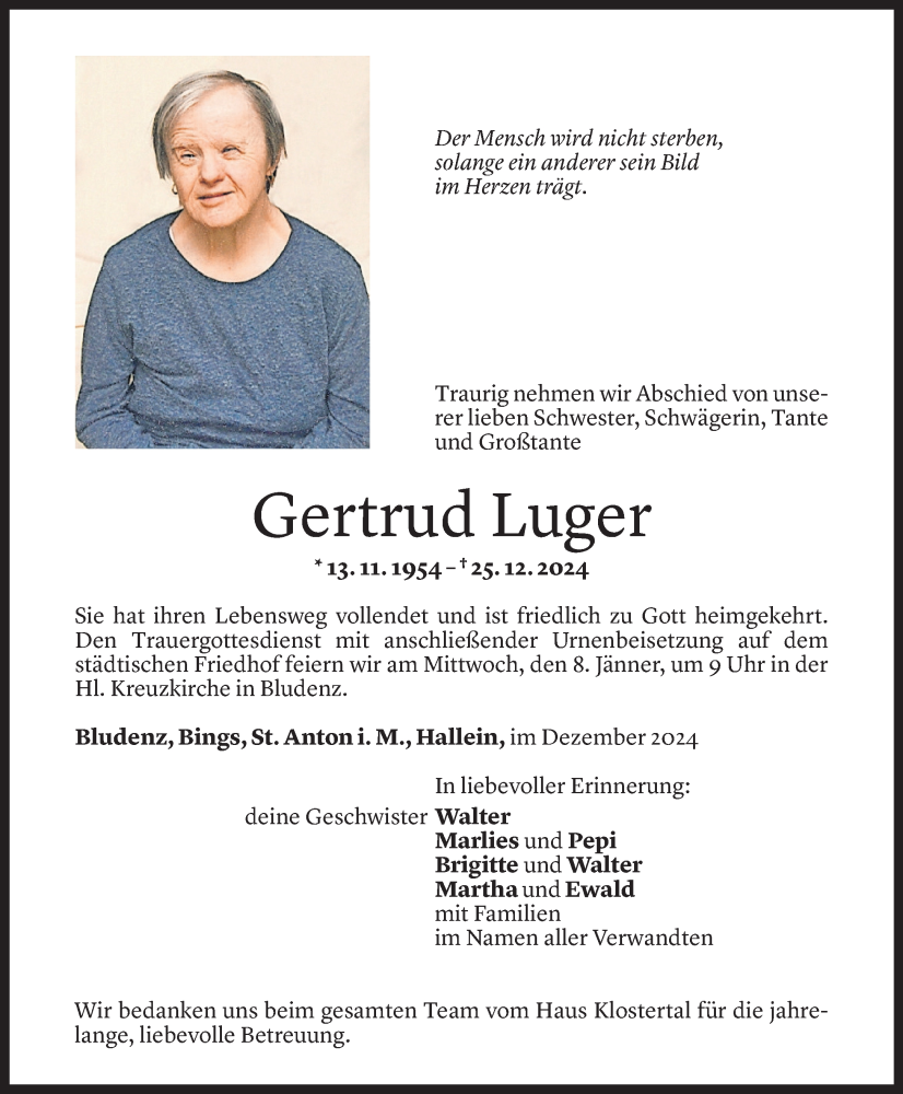  Todesanzeige für Gertrud Luger vom 03.01.2025 aus Vorarlberger Nachrichten