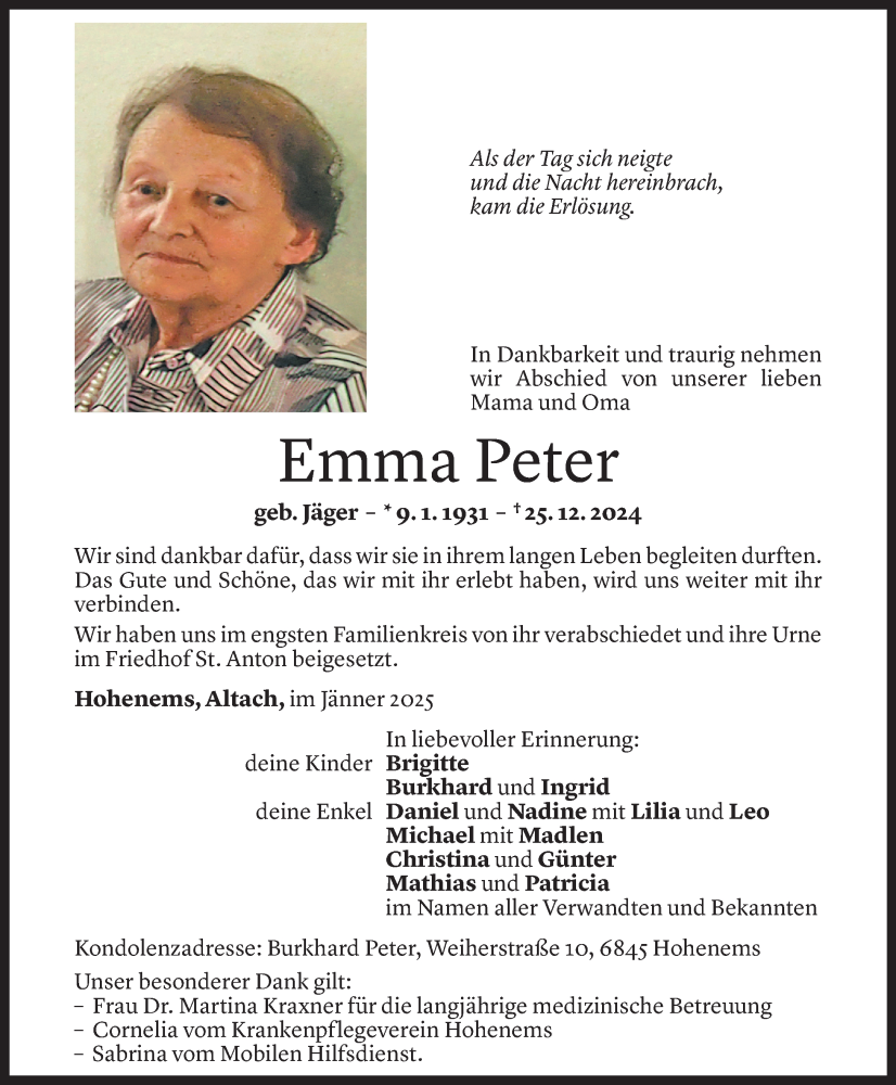  Todesanzeige für Emma Peter vom 02.01.2025 aus Vorarlberger nachrichten