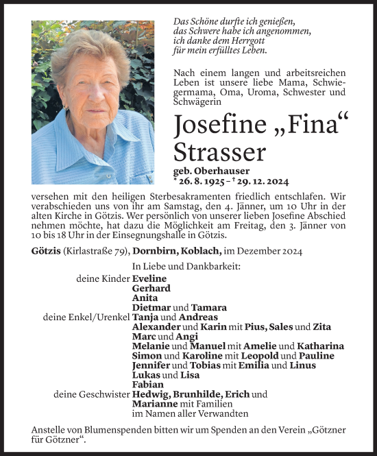 Todesanzeige von Josefine Strasser von Vorarlberger Nachrichten