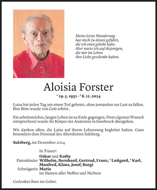 Todesanzeige von Aloisia Forster von Vorarlberger Nachrichten