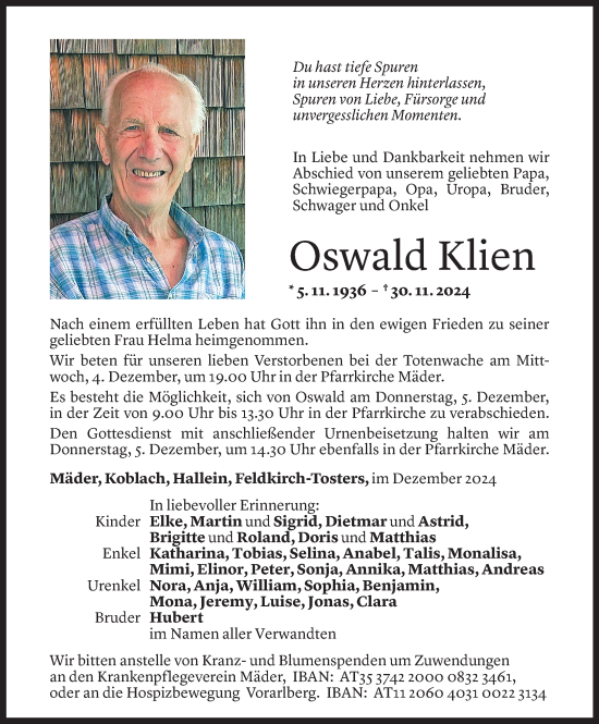 Todesanzeige von Oswald Klien von Vorarlberger Nachrichten