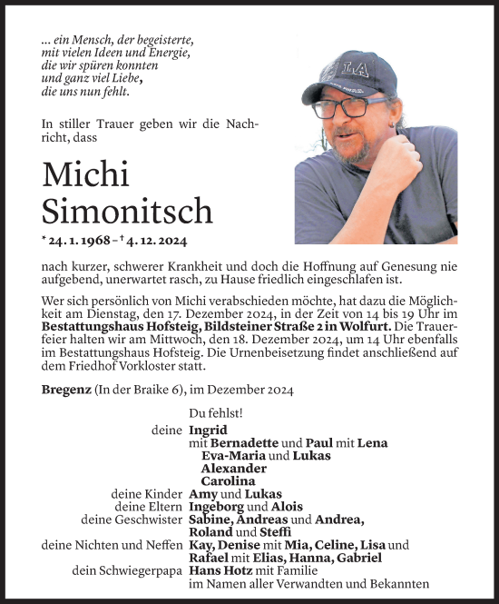 Todesanzeige von Michael Simonitsch von Vorarlberger Nachrichten