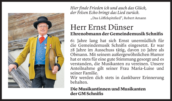 Todesanzeige von Ernst Dünser von Vorarlberger Nachrichten