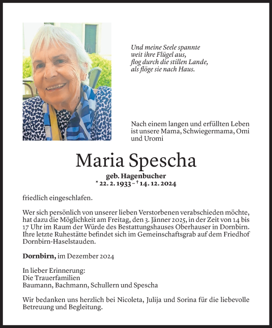 Todesanzeige von Maria Spescha von Vorarlberger Nachrichten