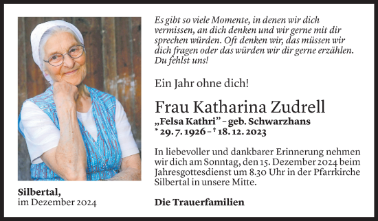 Todesanzeige von Katharina Zudrell von Vorarlberger Nachrichten