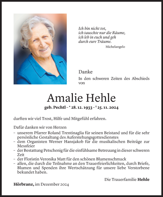 Todesanzeige von Amalie Hehle von Vorarlberger Nachrichten