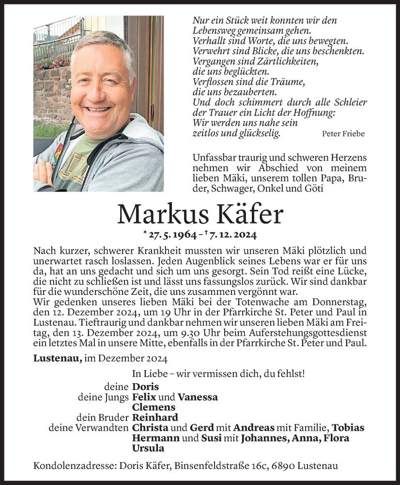  Todesanzeige für Markus Käfer vom 10.12.2024 aus Vorarlberger Nachrichten