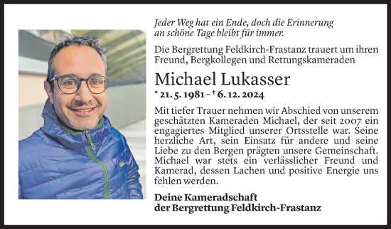 Todesanzeige von Michael Lukasser von Vorarlberger Nachrichten