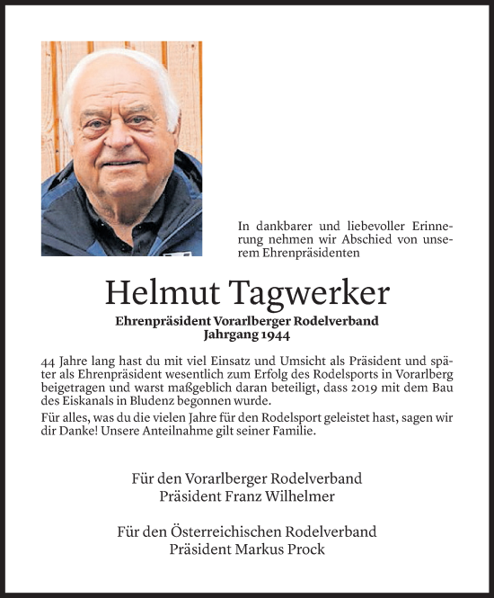 Todesanzeige von Helmut Tagwerker von Vorarlberger Nachrichten