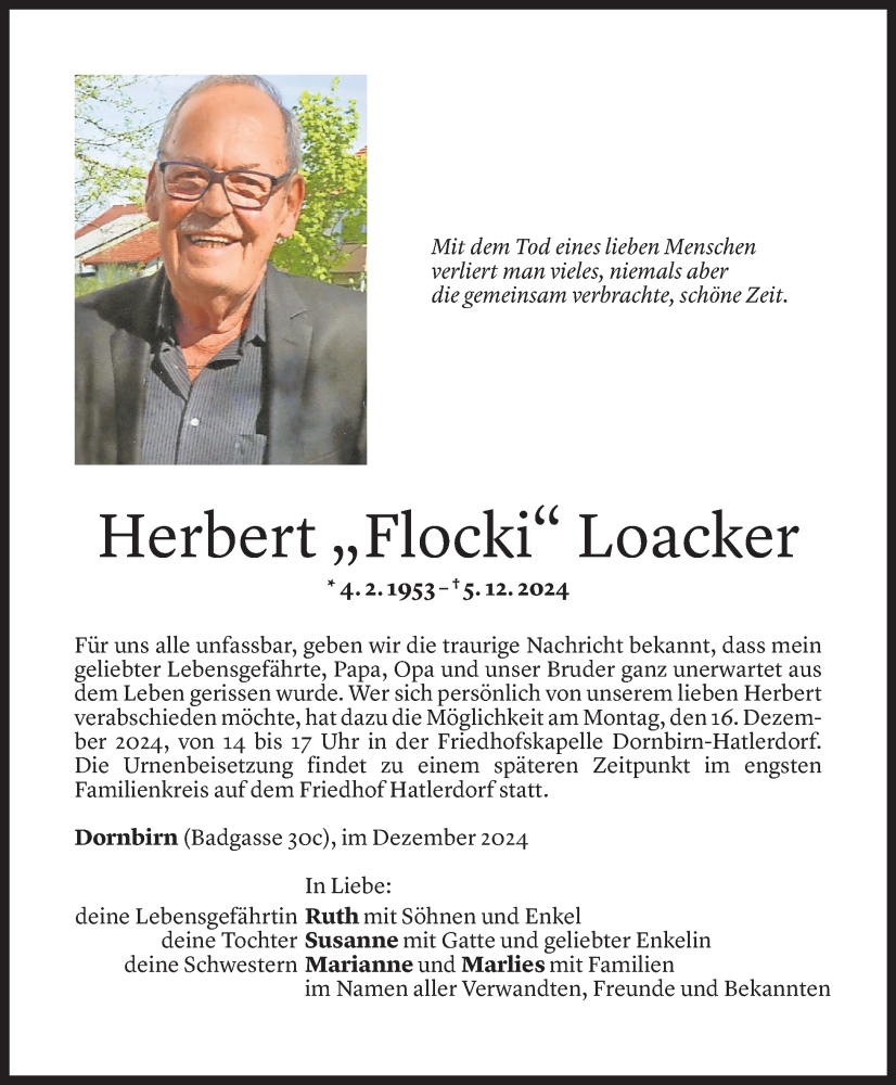  Todesanzeige für Herbert Loacker vom 10.12.2024 aus Vorarlberger Nachrichten