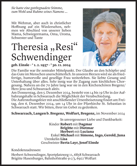 Todesanzeige von Theresia Schwendinger von Vorarlberger Nachrichten