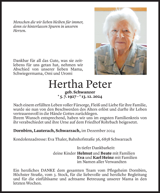 Todesanzeige von Hertha Peter von Vorarlberger Nachrichten