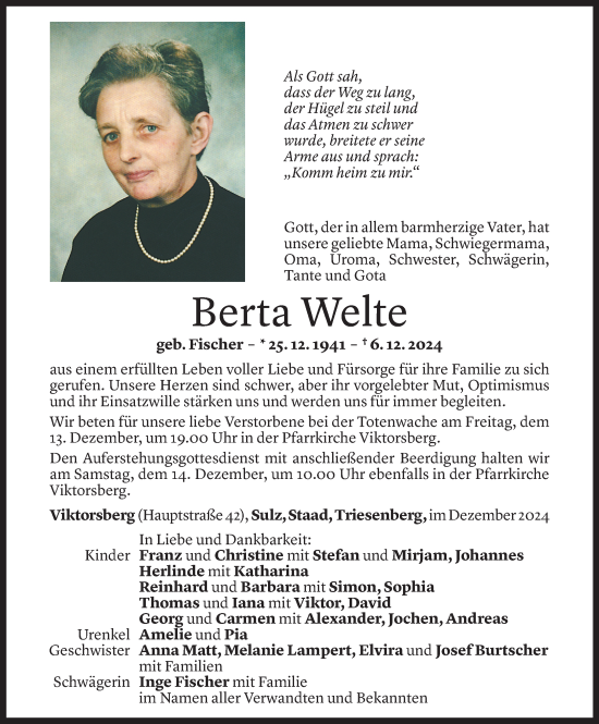 Todesanzeige von Berta Welte von Vorarlberger Nachrichten