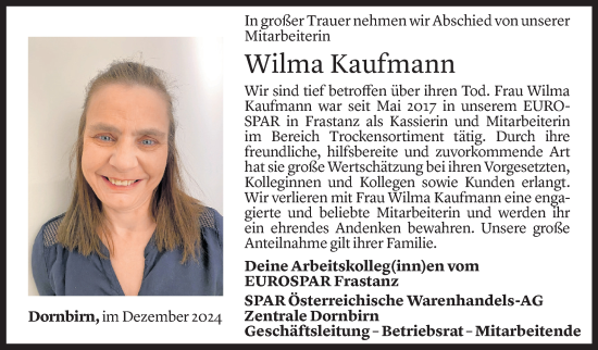 Todesanzeige von Wilhelmine Kaufmann von Vorarlberger Nachrichten