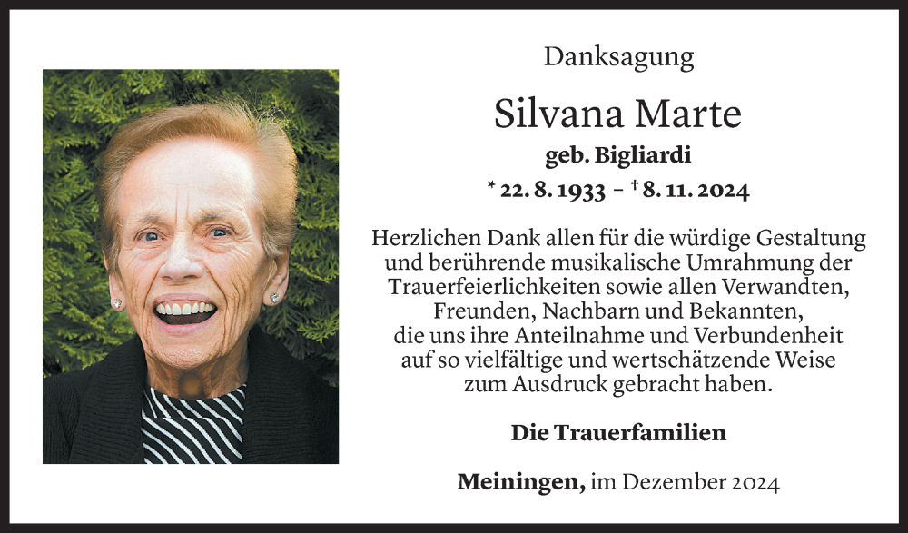  Todesanzeige für Silvana Marte vom 05.12.2024 aus Vorarlberger Nachrichten