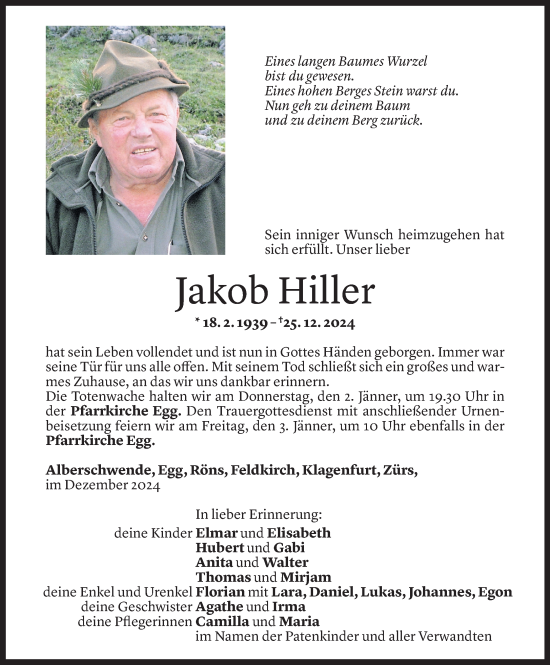 Todesanzeige von Jakob Hiller von Vorarlberger Nachrichten