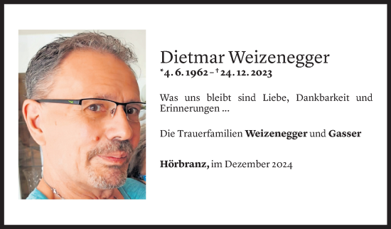 Todesanzeige von Dietmar Weizenegger von Vorarlberger Nachrichten