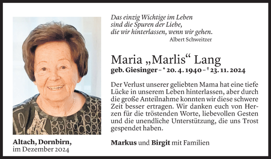 Todesanzeige von Maria Lang von Vorarlberger Nachrichten