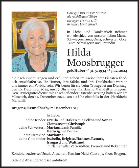 Todesanzeige von Hilda Moosbrugger von Vorarlberger Nachrichten